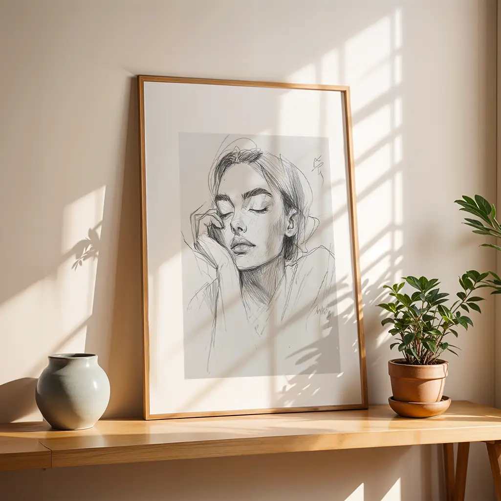 Framed sketch of a woman resting, placed on a wooden shelf next to a gray vase and a small potted plant, sun stripes on the wall.
