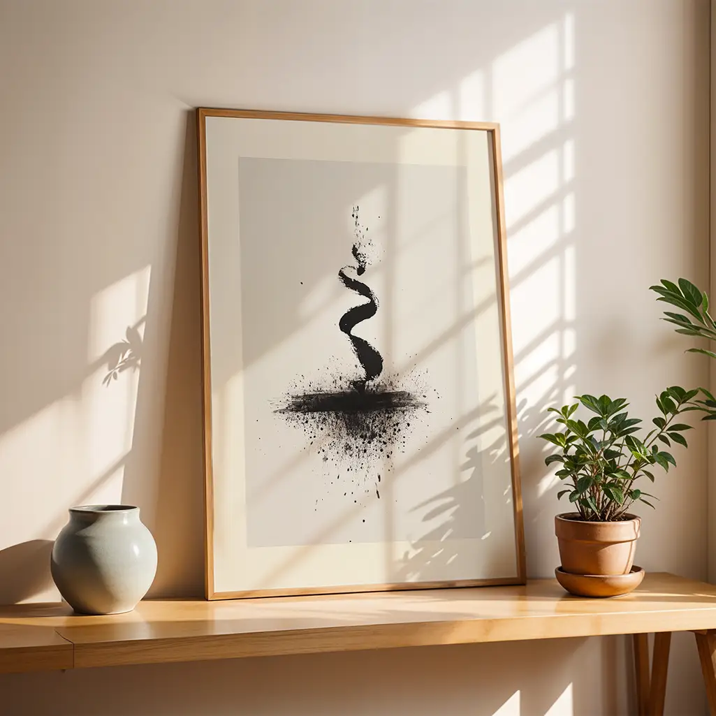 Framed Sumi-e print with a black ink spiral and splatters, leaning on a wooden shelf next to a gray vase and a potted plant, with sunlight streaming in.