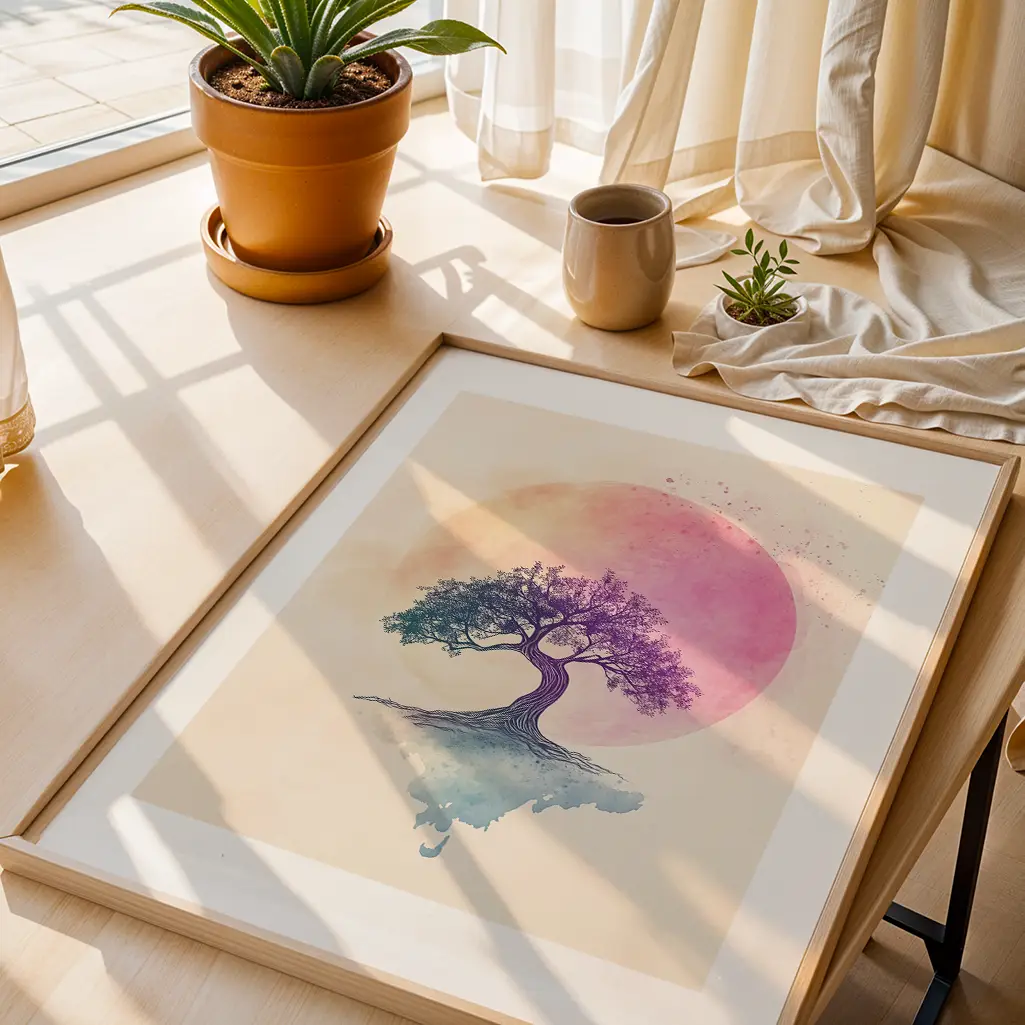 Pastel tree print in a wooden frame on a light wood surface, seen from above, with potted plants and drapes.