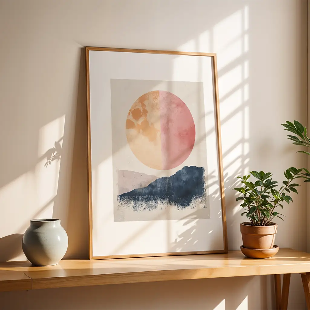 Framed abstract art print on a wooden shelf next to a grey vase and a small green plant, with sunlight creating patterns.