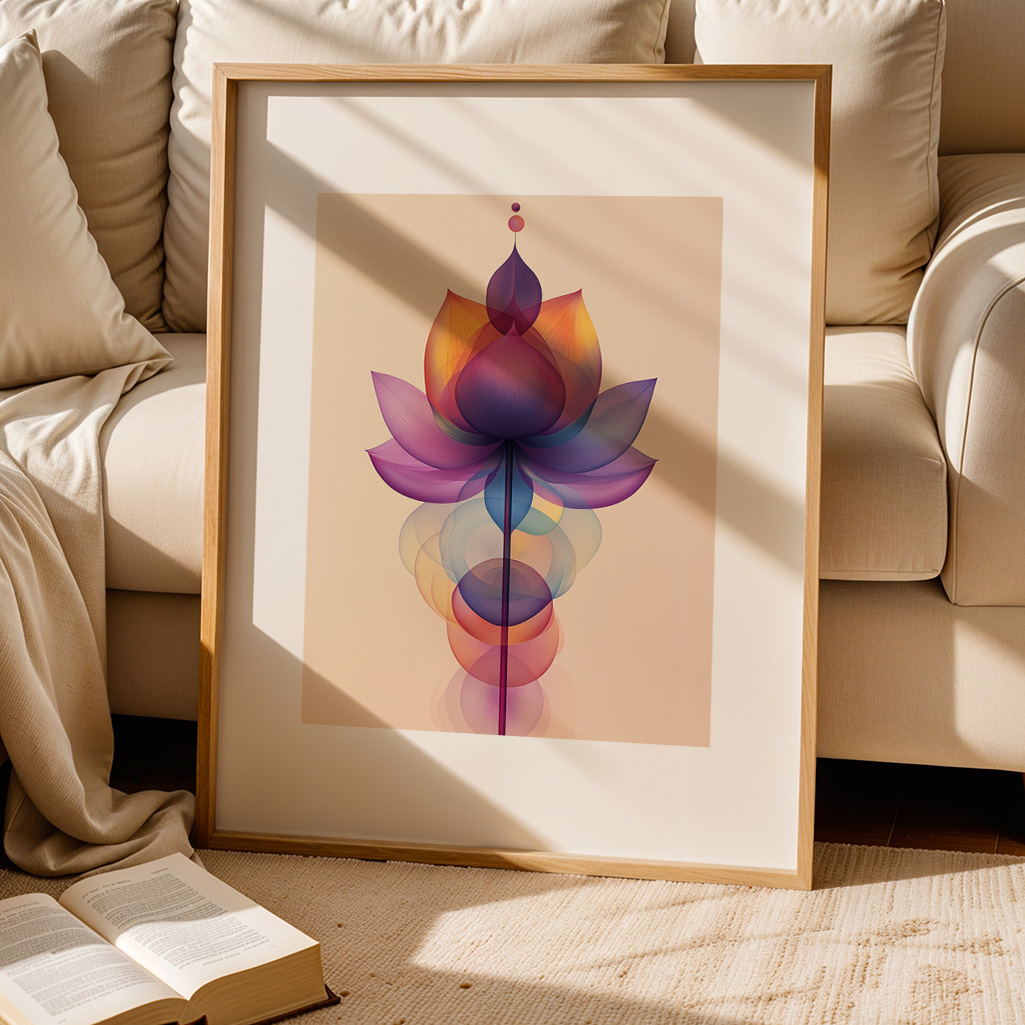Framed lotus flower print on the floor next to a beige sofa and an open book.