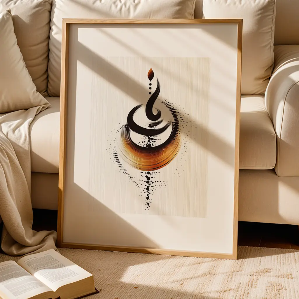 Framed abstract black and amber art print leaning against a cream sofa with an open book on a rug in the foreground.