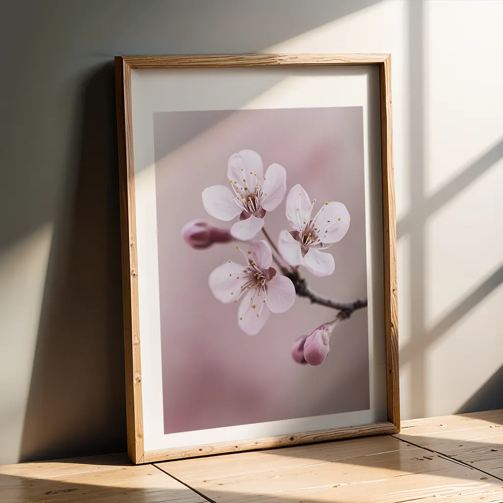 Framed cherry blossom print leaning against a dark gray wall on a wooden floor, with sunlight casting shadows.