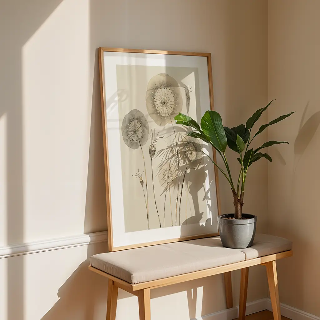 Framed botanical print of dandelion-like flowers leaning against a wall above a light wooden bench with a potted plant.