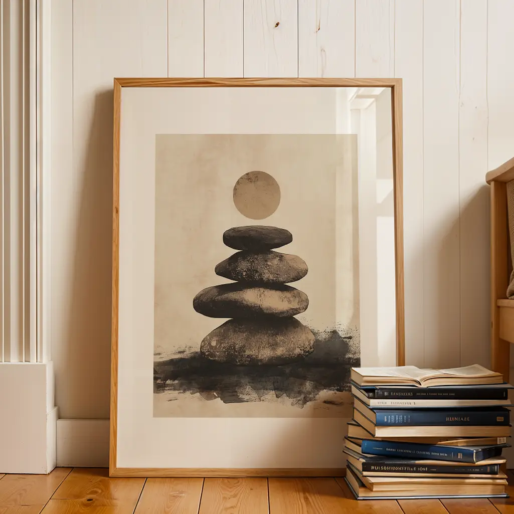 Framed print of stacked stones under a moon, propped against a white paneled wall next to a stack of books on a wooden floor.