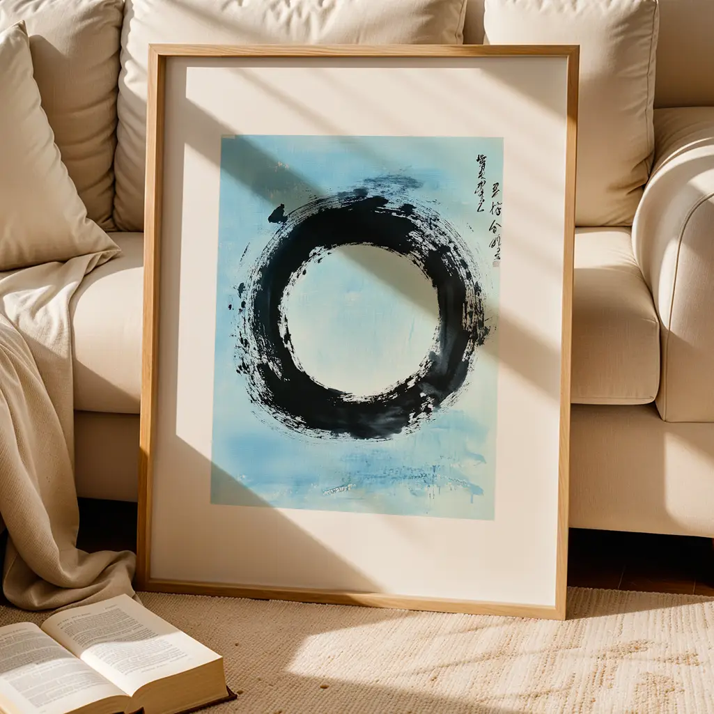 Ensō print in a wooden frame with a black brushstroke circle on a light blue background, resting on a rug next to a cream sofa.