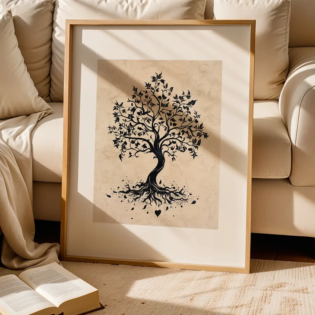 A framed black tree silhouette print with deep roots and lush leaves on a beige background, leaning against a cream couch with a book on the floor.