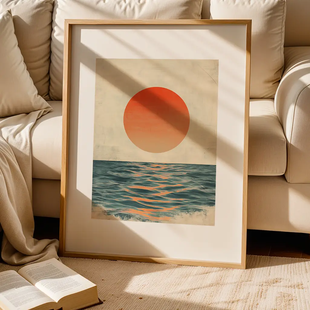 Framed print on floor beside a sofa and open book. Depicts a large red sun over textured blue waves.