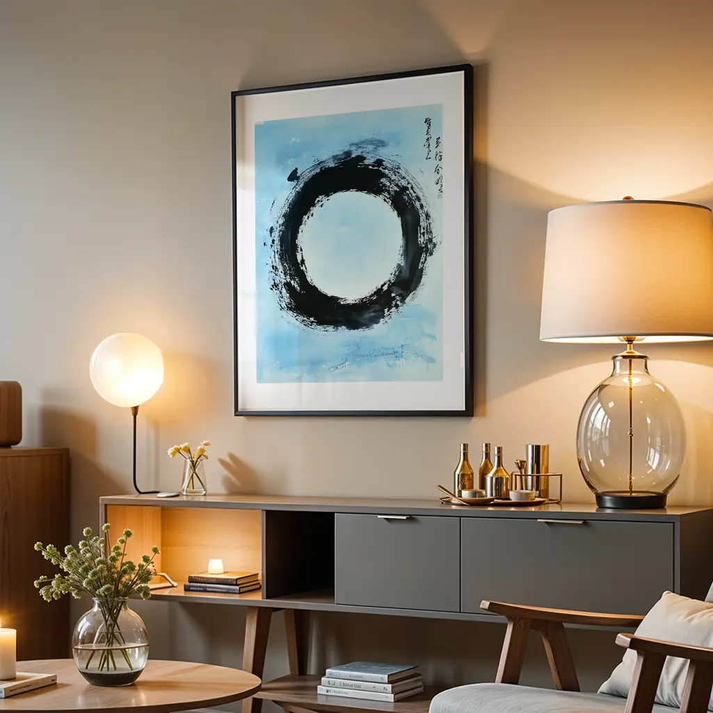 Ensō print with a black frame and black brushstroke circle on blue background, hanging above a grey cabinet with lamps and decor.