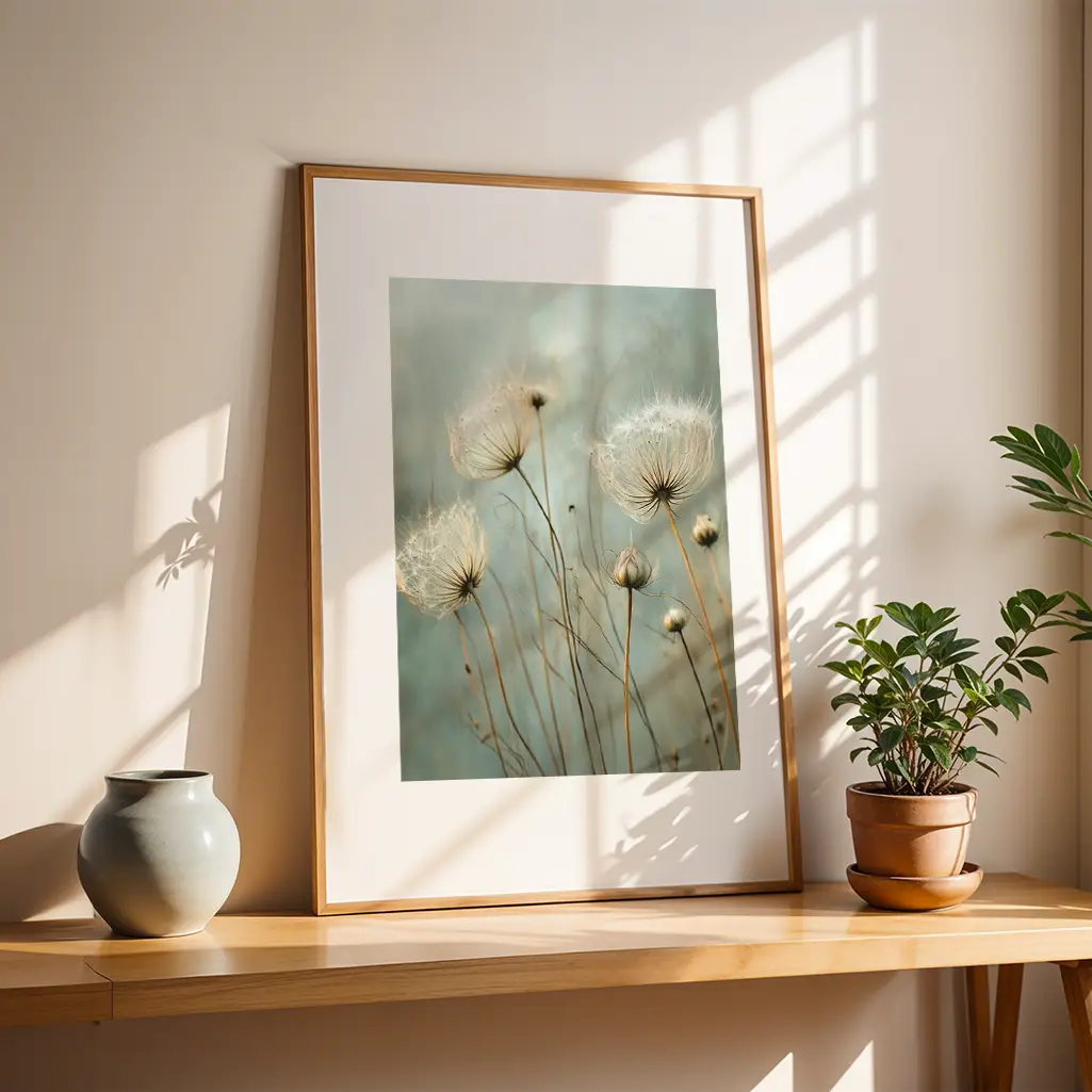 Framed botanical print of dandelions on a wooden shelf next to a grey vase and a potted plant.