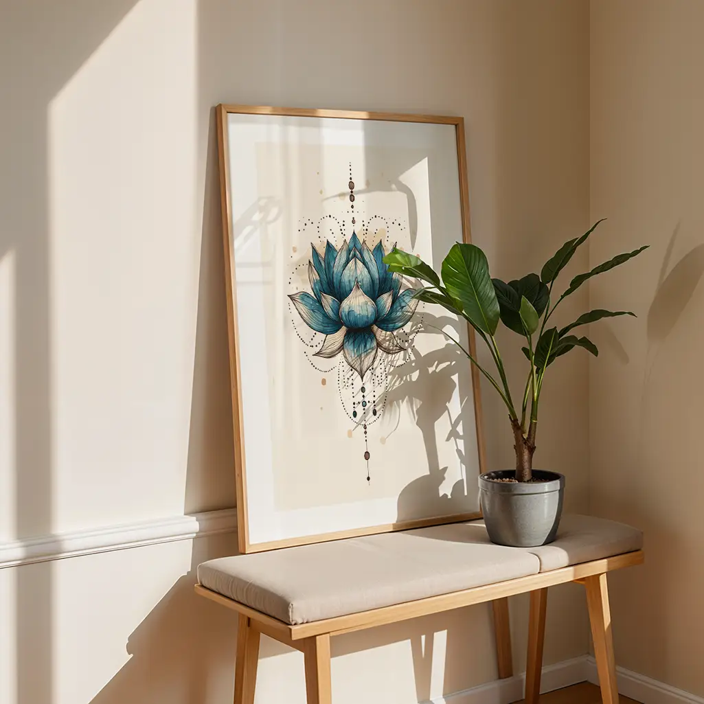 Framed lotus print leaning on a bench next to a tall potted plant in a corner with natural light.