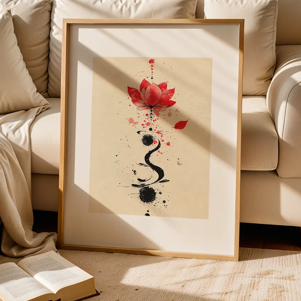 Framed unalome lotus art print on a rug in a living room, beside a beige sofa and an open book.
