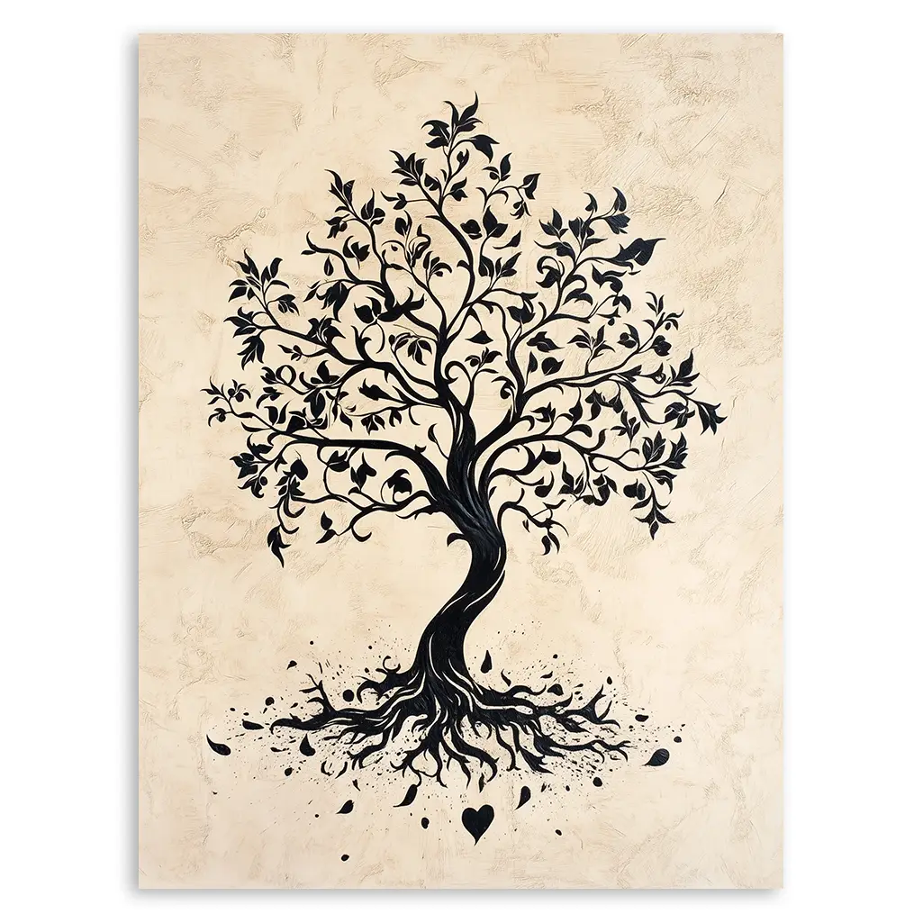 Close-up of a black silhouette tree print with intricate roots and abundant foliage, set against a textured, light beige background with subtle speckles.