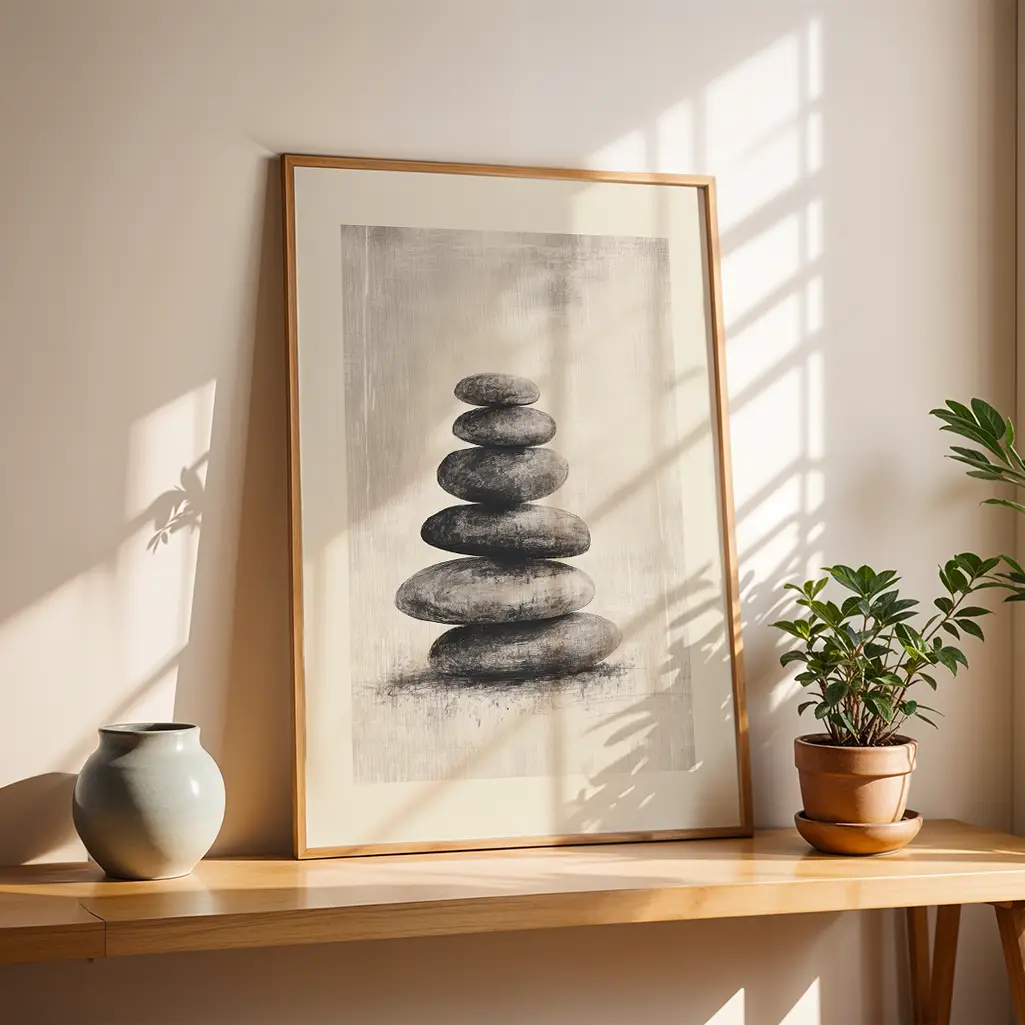 A framed print of stacked stones leaning against a light wall on a wooden shelf, next to a gray vase and a potted plant, with dappled sunlight.