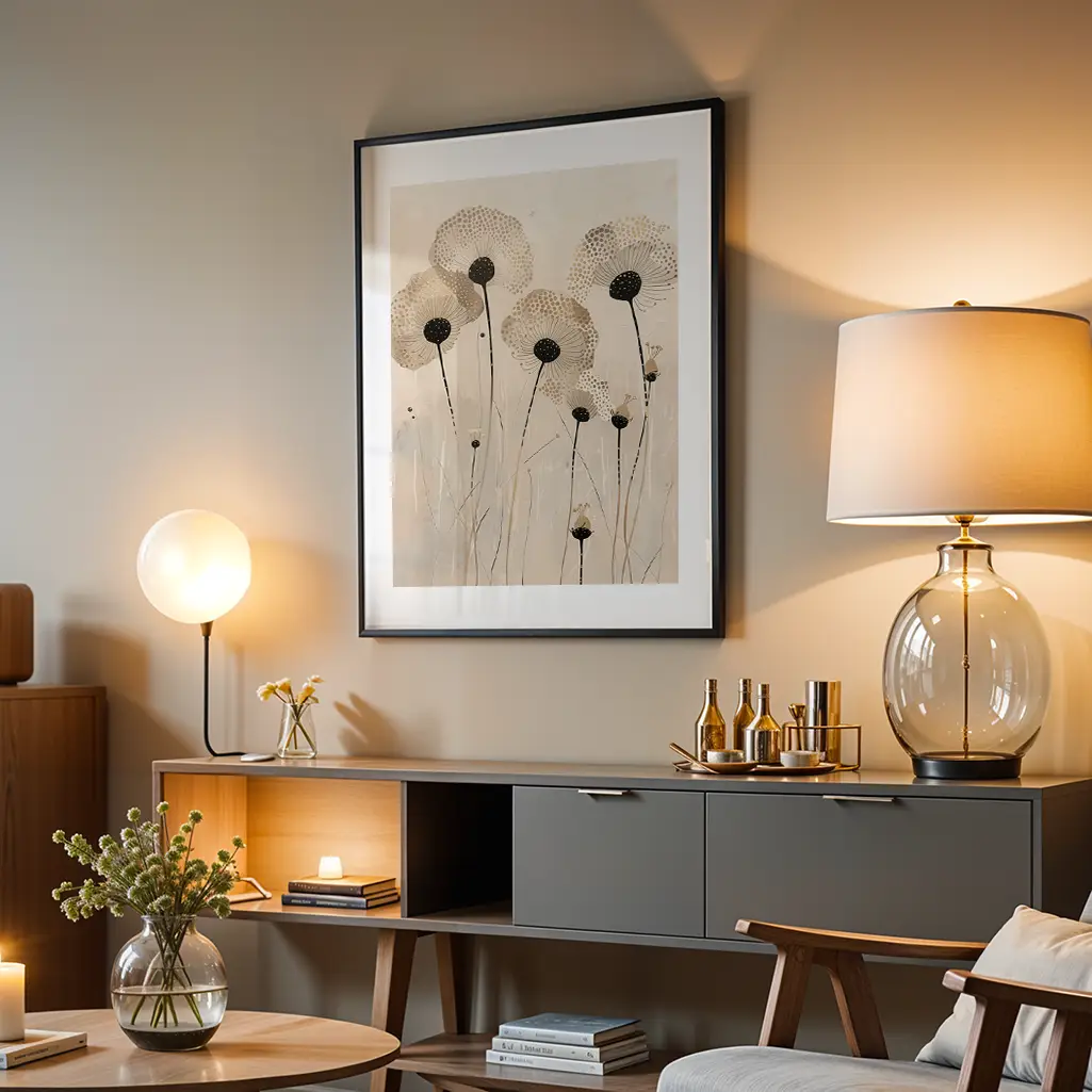 Framed botanical print depicting dandelion-like flowers hanging on a wall in a living room scene with warm lighting.