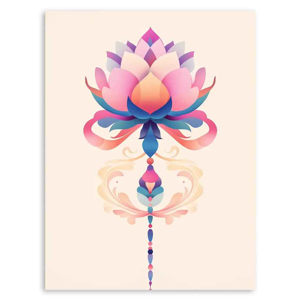 Close-up of a vibrant lotus art print on a light background, featuring intricate pink, blue, and orange petals.