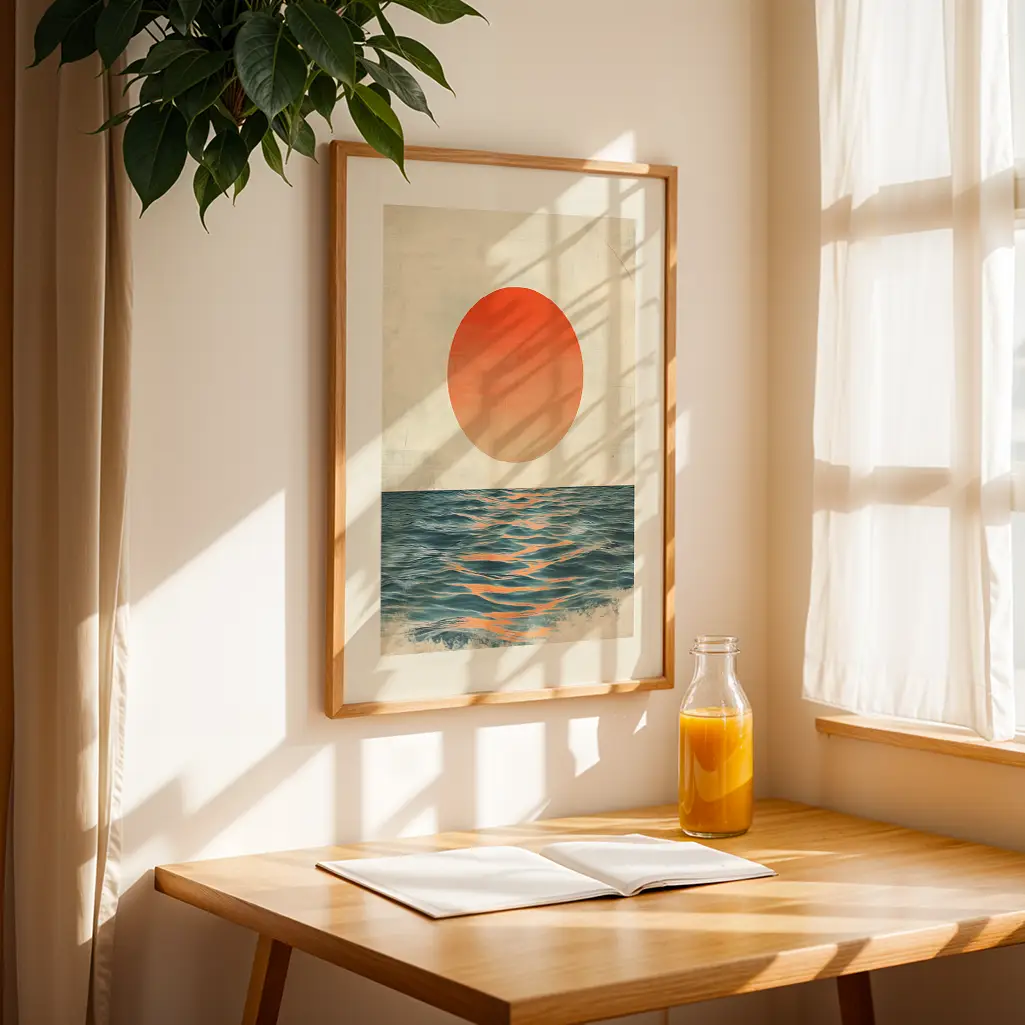 Framed print hanging on a cream wall above a wooden table with juice and a book, sunlight streaming in.