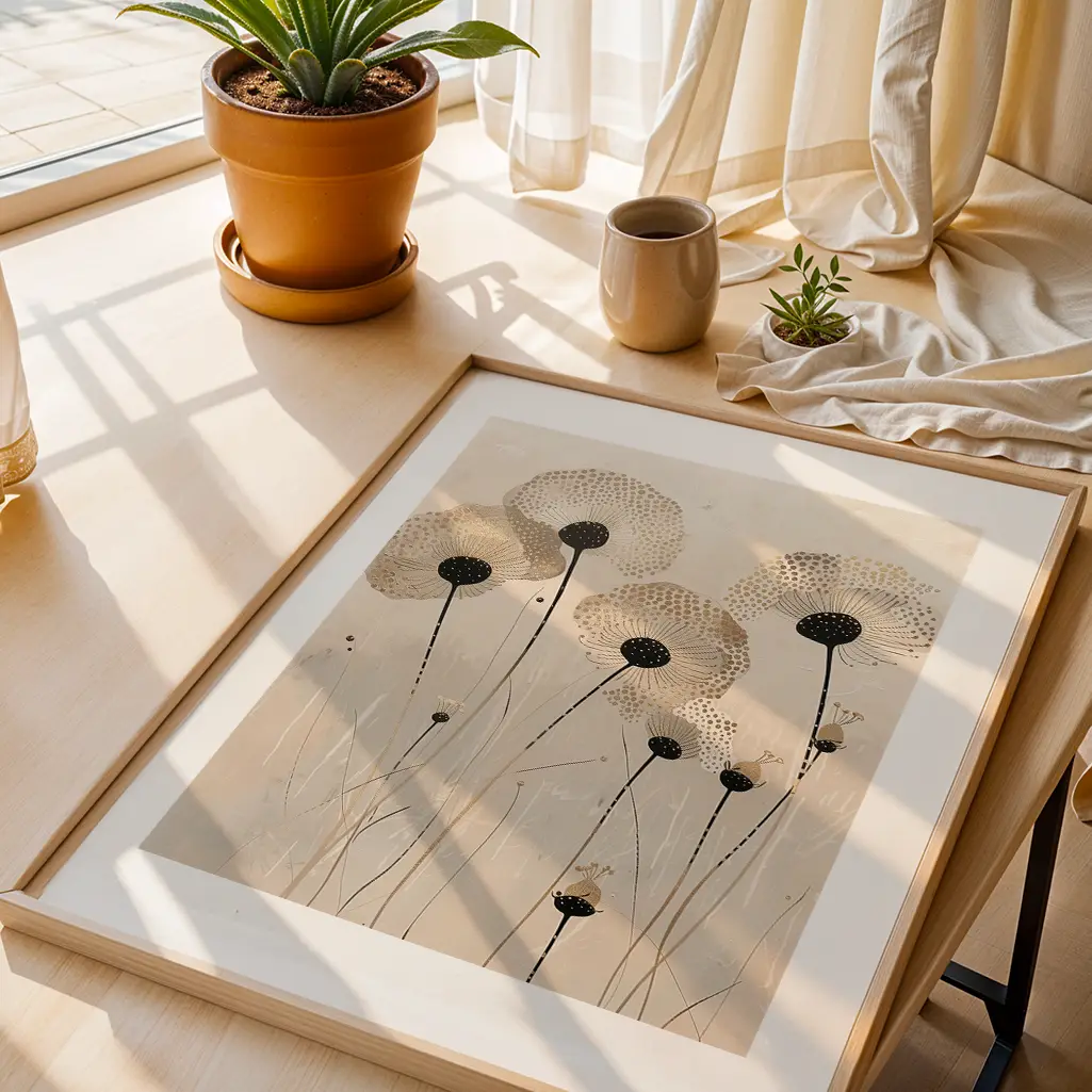 Overhead shot of a framed botanical print on a light wooden table next to a potted plant and ceramic cup.