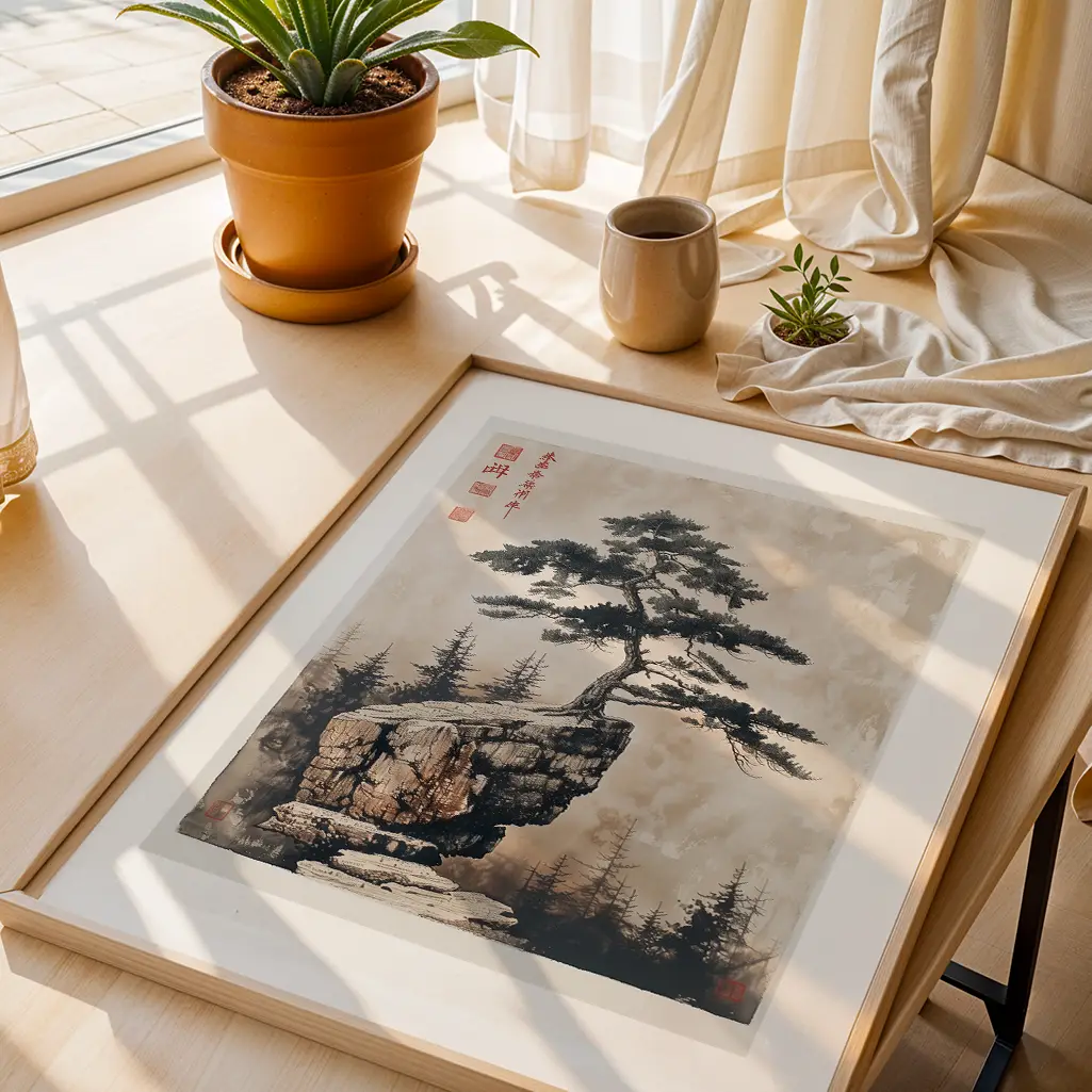 Framed Sumi-e print of a pine tree on a cliff on a wooden surface next to potted plants by a window.