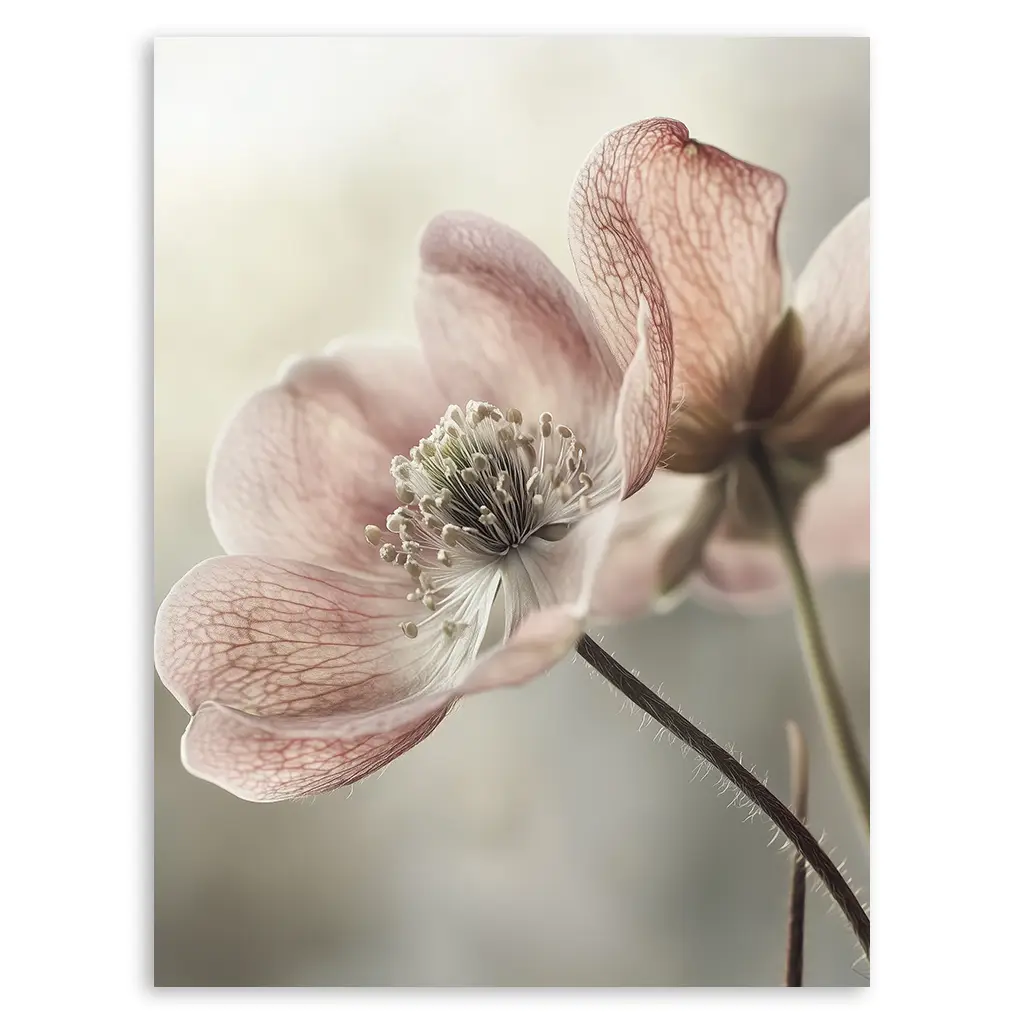 Close-up of a pale pink, translucent flower with prominent veins and a textured center on a soft, blurred background.