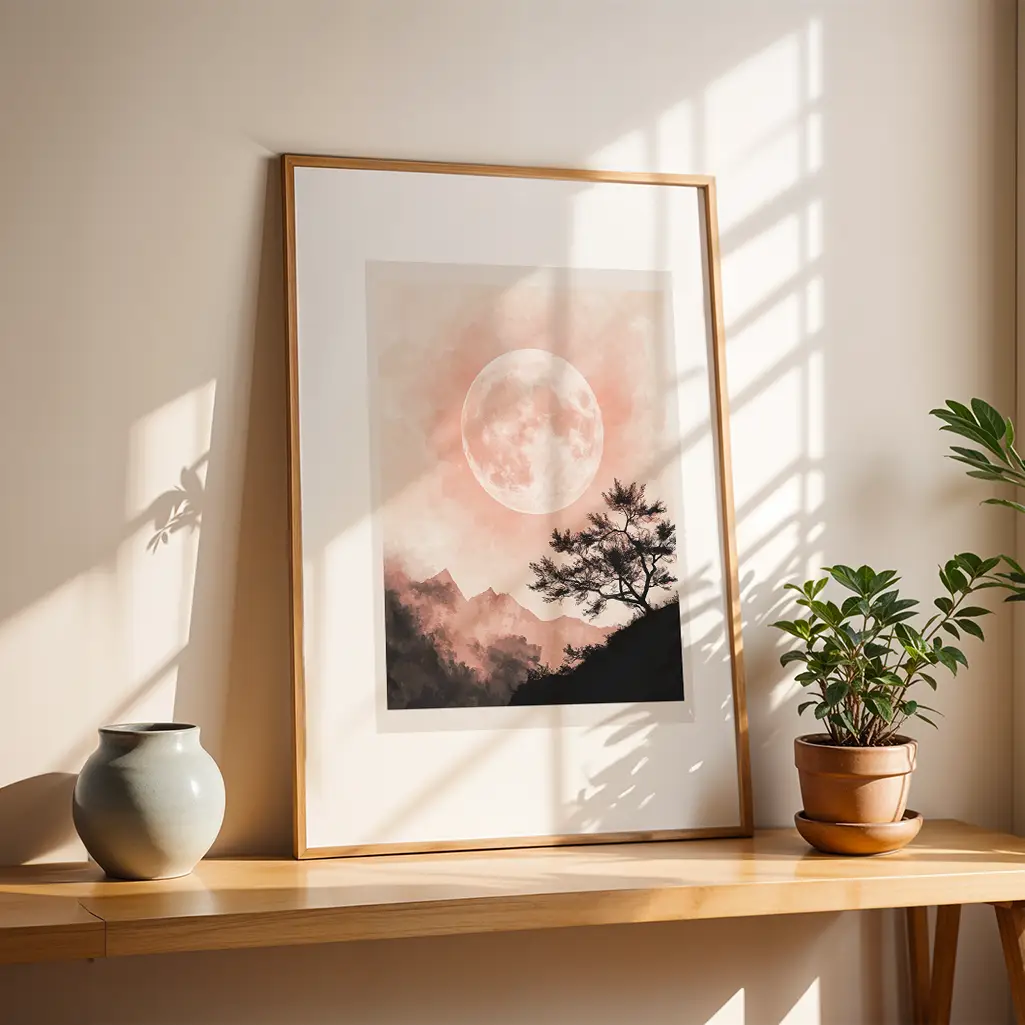Framed art print of a moonlit landscape on a wooden shelf next to a grey vase and a green plant, with window light filtering in.
