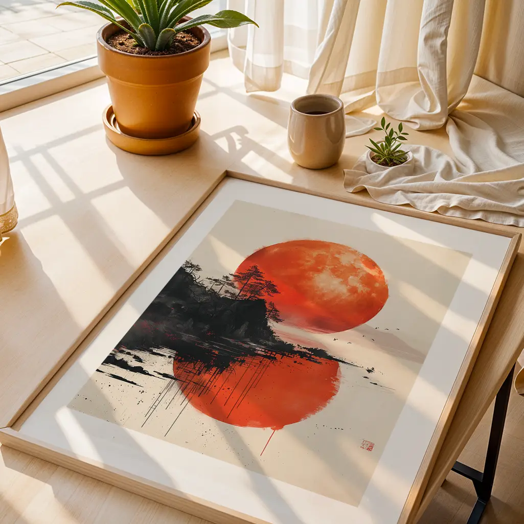 Angled view of a framed sumi-e print featuring a vibrant red moon and dark island, set on a light wooden surface beside a potted plant.