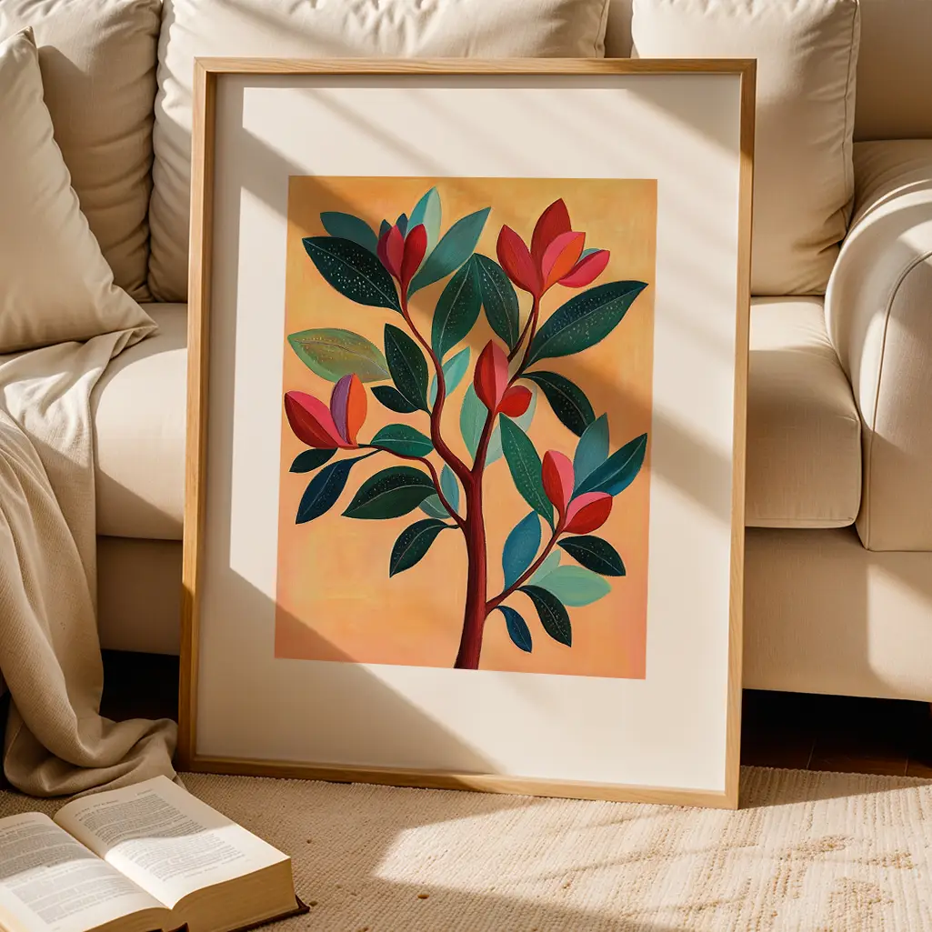Framed print of colorful botanical art on the floor beside a cream couch and an open book, with sunlight filtering in.