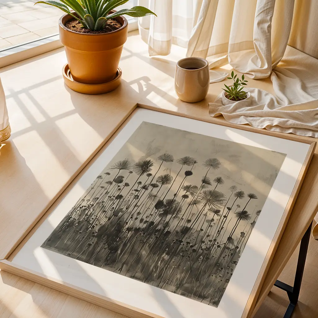 Framed botanical print with dark, stylized flowers and grasses, viewed from an angle on a wooden surface beside potted plants and a window with sheer curtains.