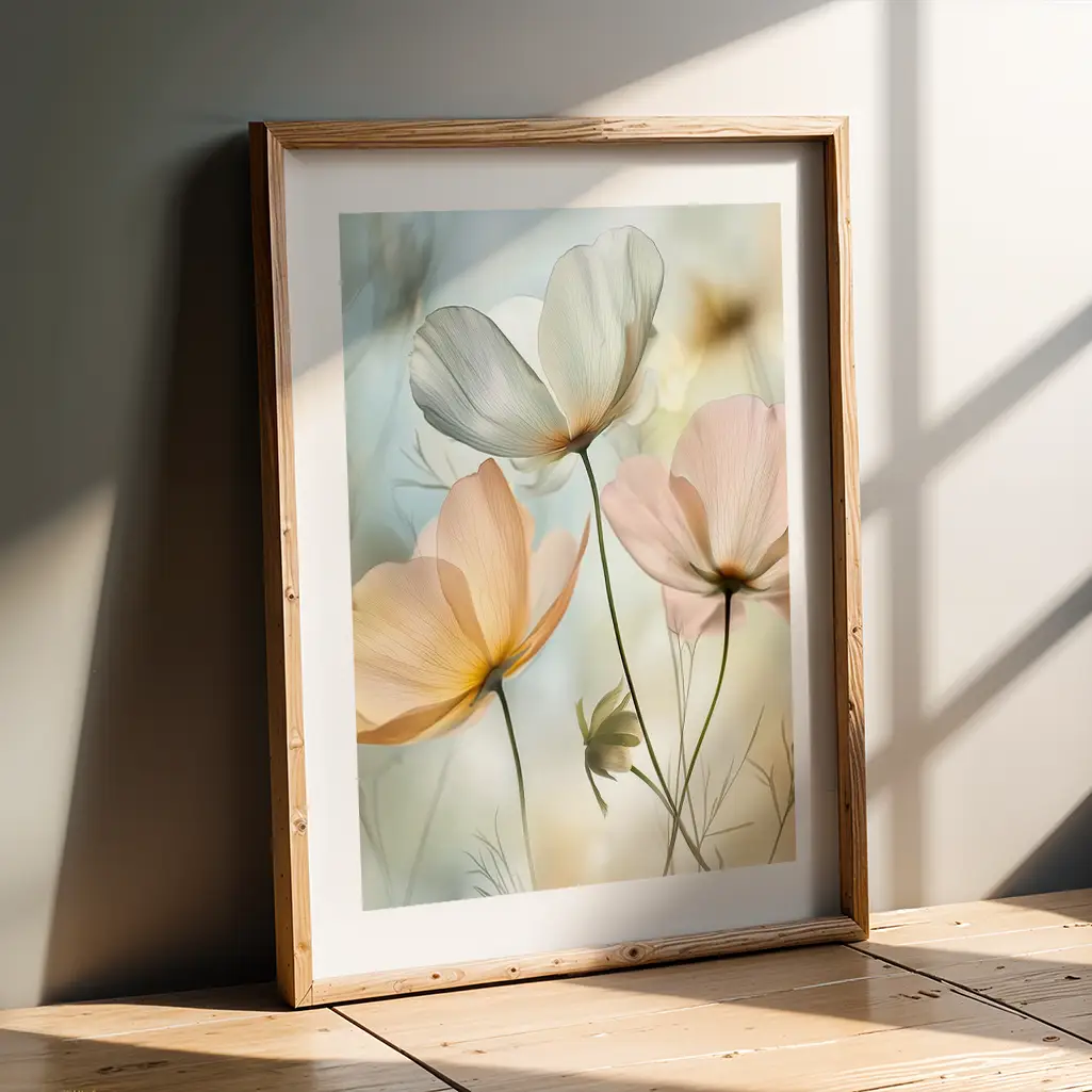 Framed botanical print leaning against a gray wall on a wooden floor, with sunlight casting shadows.