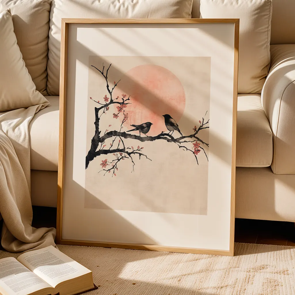A framed botanical print of birds on a cherry blossom branch with a pink sun, resting on a rug beside an open book and a cream sofa.