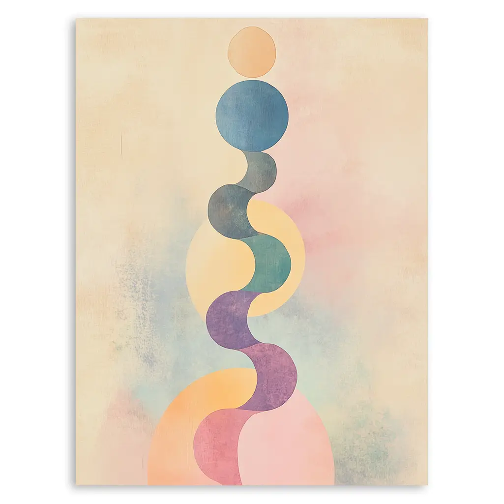 Close-up of the abstract art print featuring a stack of wavy, round shapes in pastels.