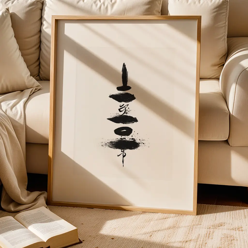A framed Ensō print with stacked, circular brushstrokes leans against a white sofa, with an open book on a rug in the foreground.