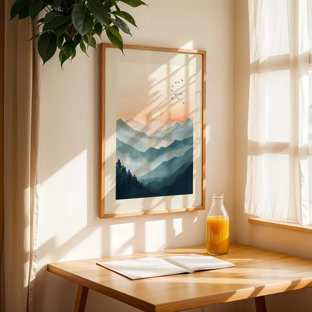 Framed pastel mountain print hanging above a wooden table with juice.