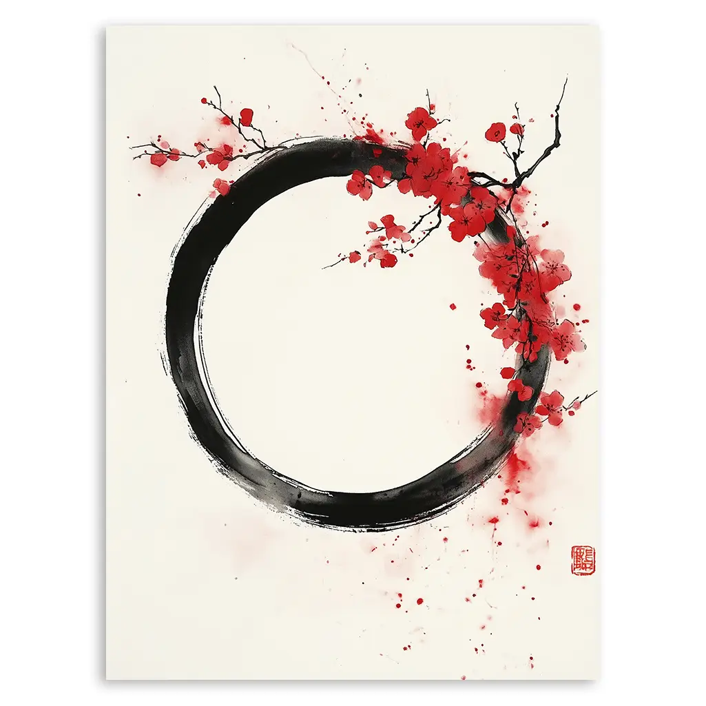 Close-up of a digital 'Crimson Bloom Ensō Print' featuring a bold black ensō circle adorned with vibrant red blossoms and splatters.
