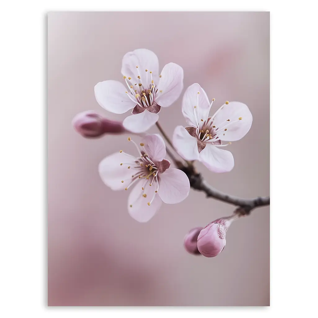Close-up of three pink cherry blossoms and two buds on a branch against a soft, blurred pink background.