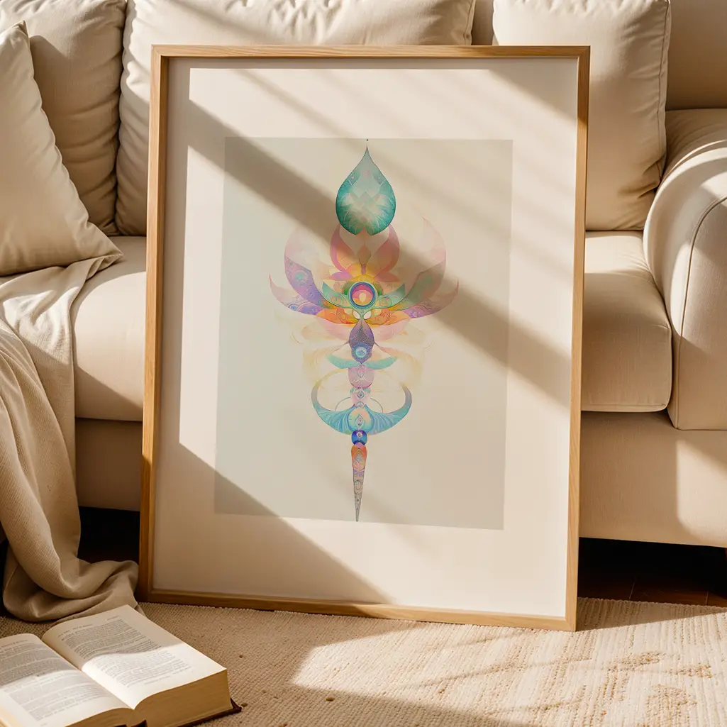 Framed abstract lotus print leaning against a light beige couch with a book on the floor.