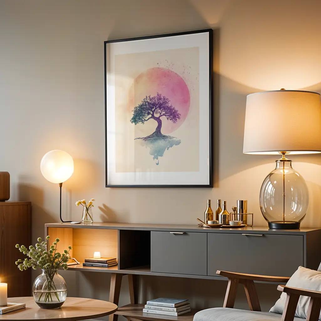 Large black framed pastel tree print hanging above a modern sideboard with lamps and decor in a living room.
