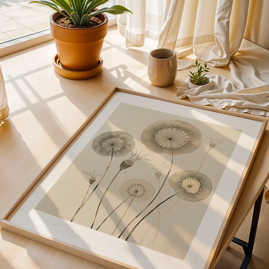 Overhead view of a framed botanical print of dandelion-like flowers on a wooden table, next to a potted plant and window.