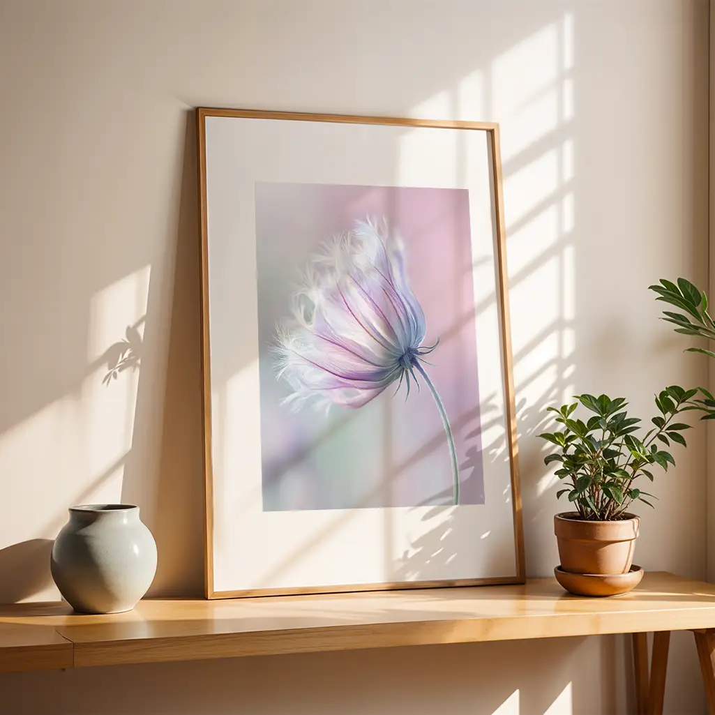 Framed pastel print of a fluffy purple and white flower on a wooden shelf next to a gray vase and potted plant, with sunlight streaming in.