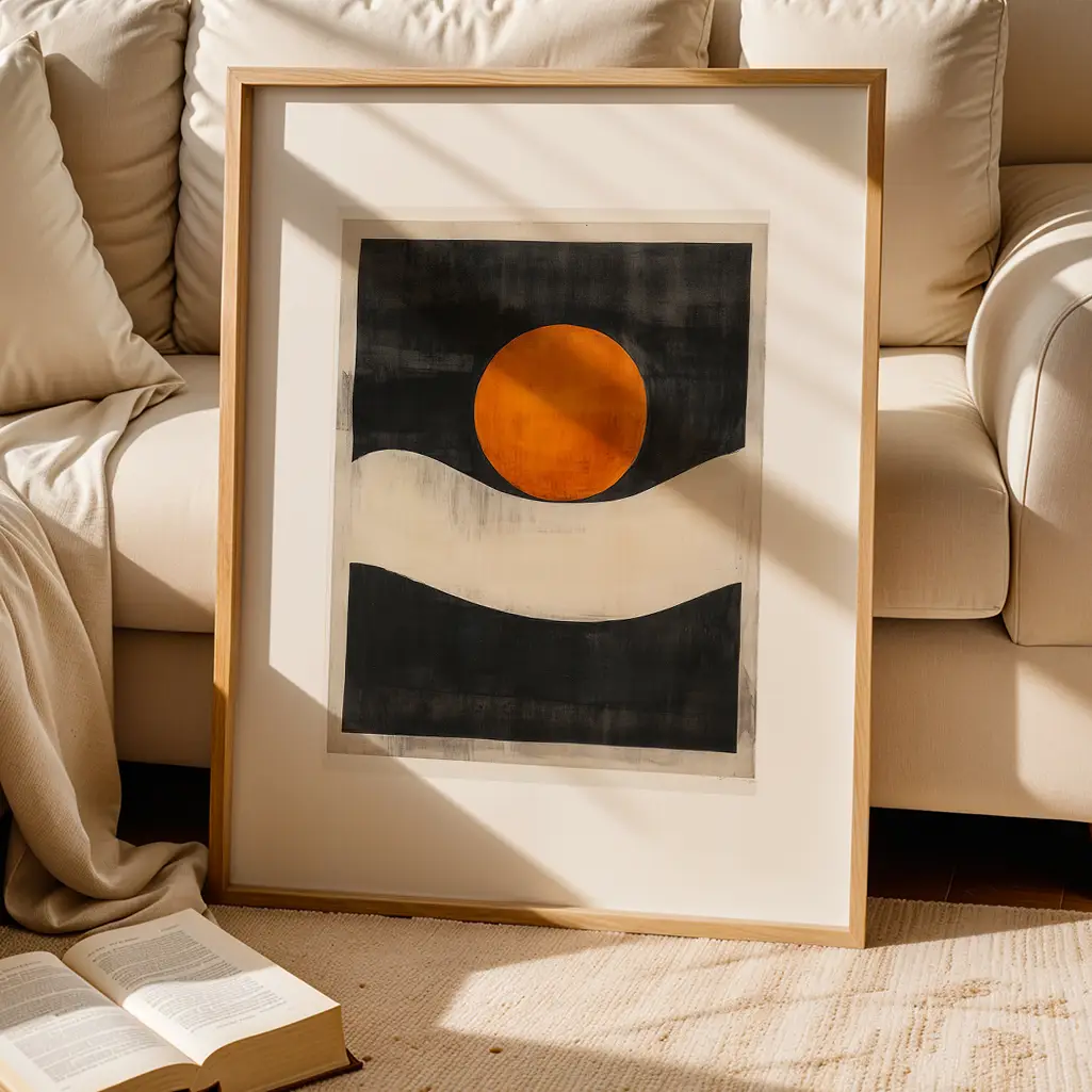 Framed abstract print leaning on the floor beside a cream sofa and an open book.