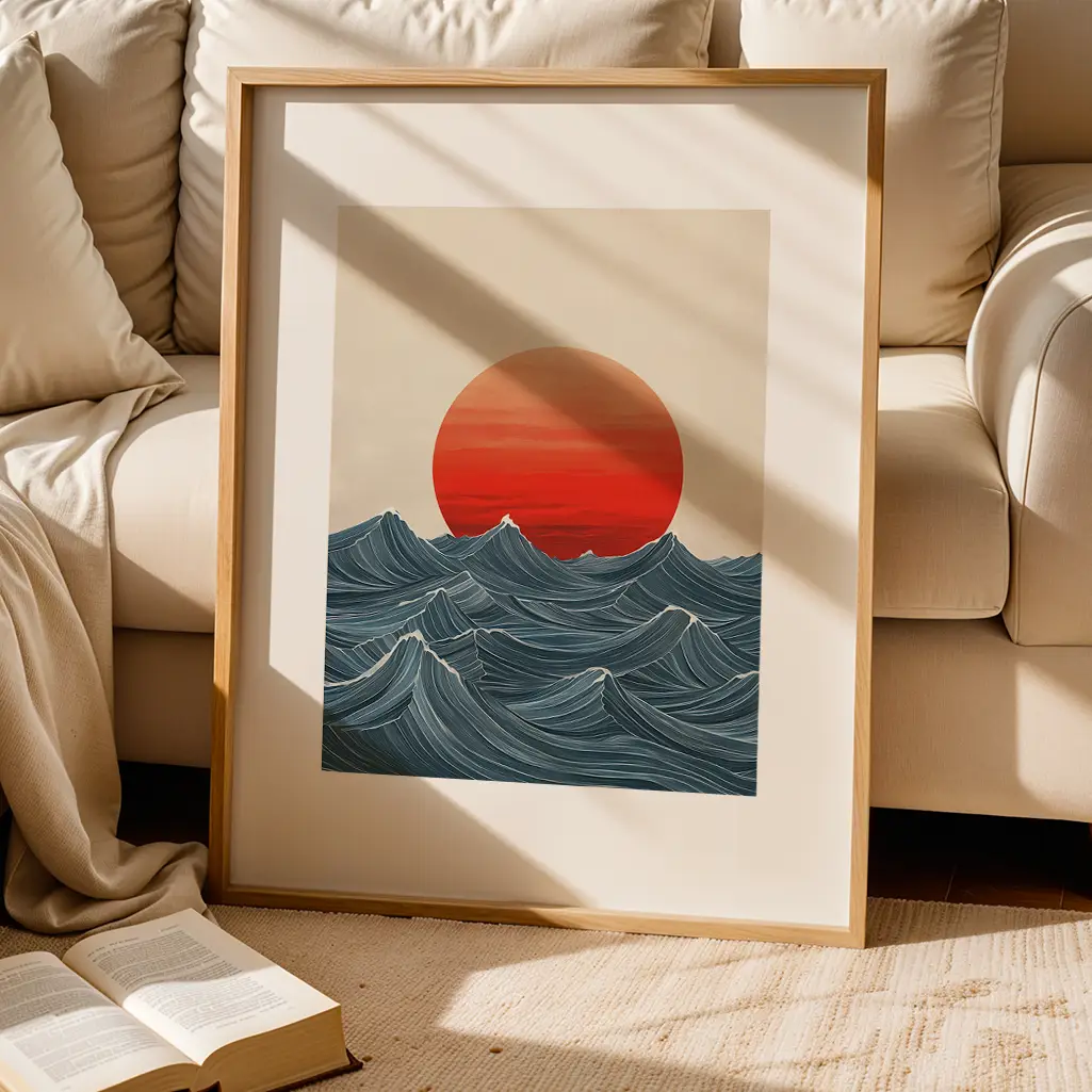 Framed Japandi artwork of a red sun over blue waves, leaning against a cream couch on a rug with an open book.