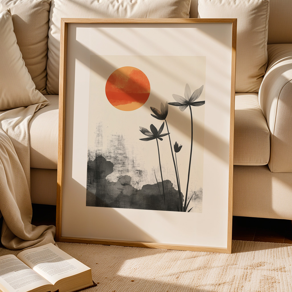 Framed Sumi-e print on a rug next to a cream-colored couch and open book.