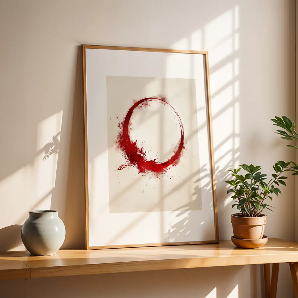 Framed red Ensō print on a wooden shelf next to a gray vase and a potted green plant.