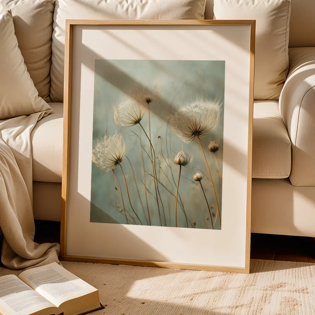 Framed botanical print of dandelions resting on a rug beside a sofa with pillows and an open book.