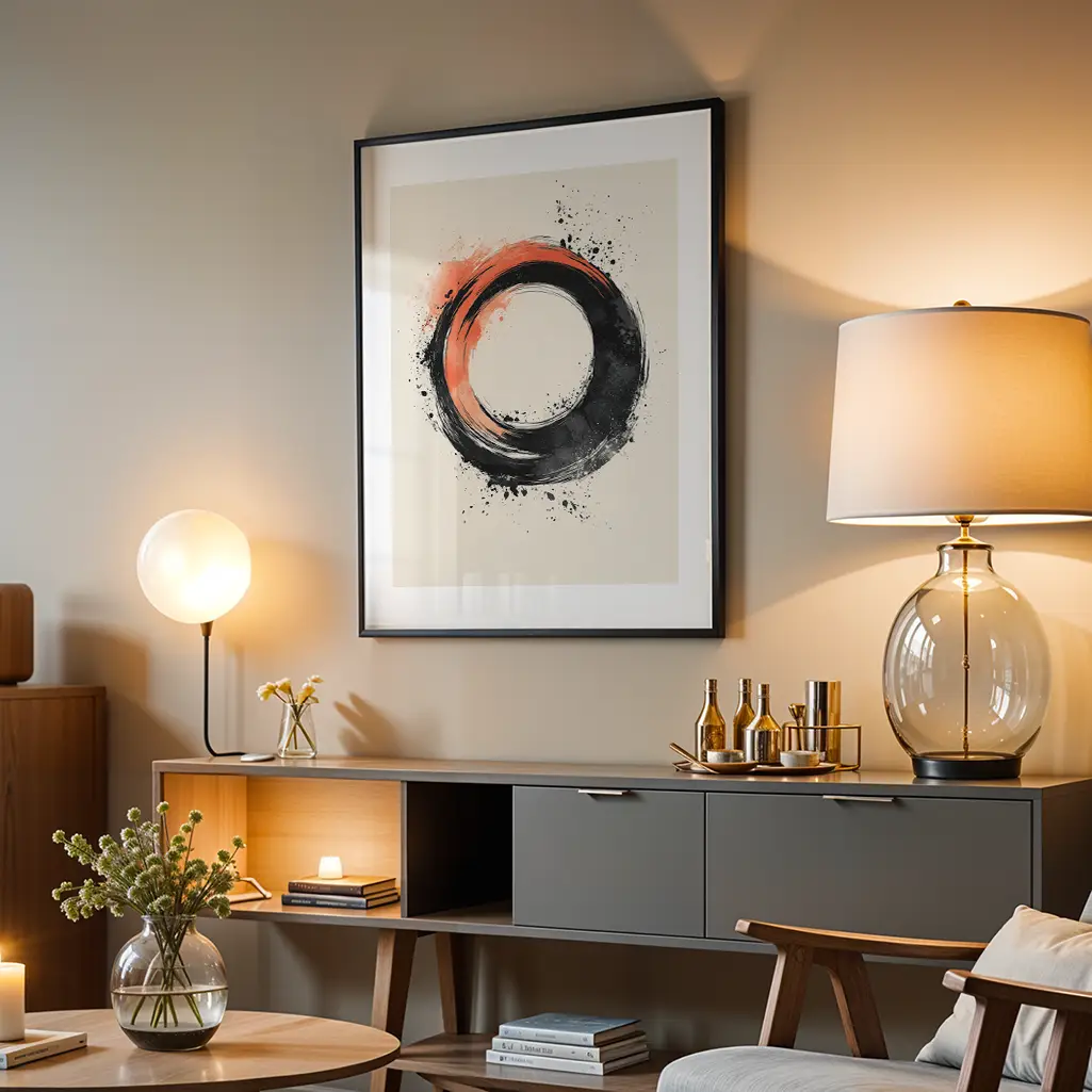The 'Crimson Vortex Ensō' print in a black frame, hanging above a console table with lamps and decor in a living room.