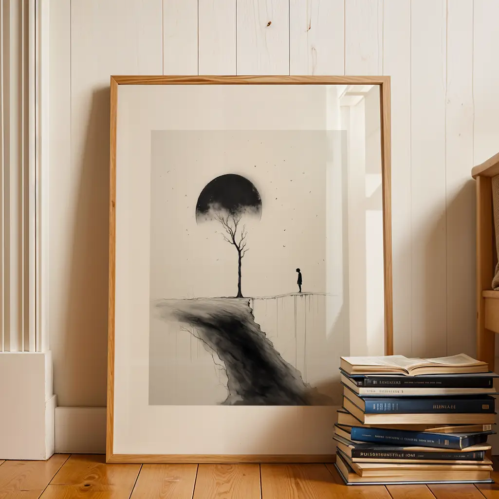 Sumi-e print in a wooden frame leaning against a white wooden wall, next to a stack of books.