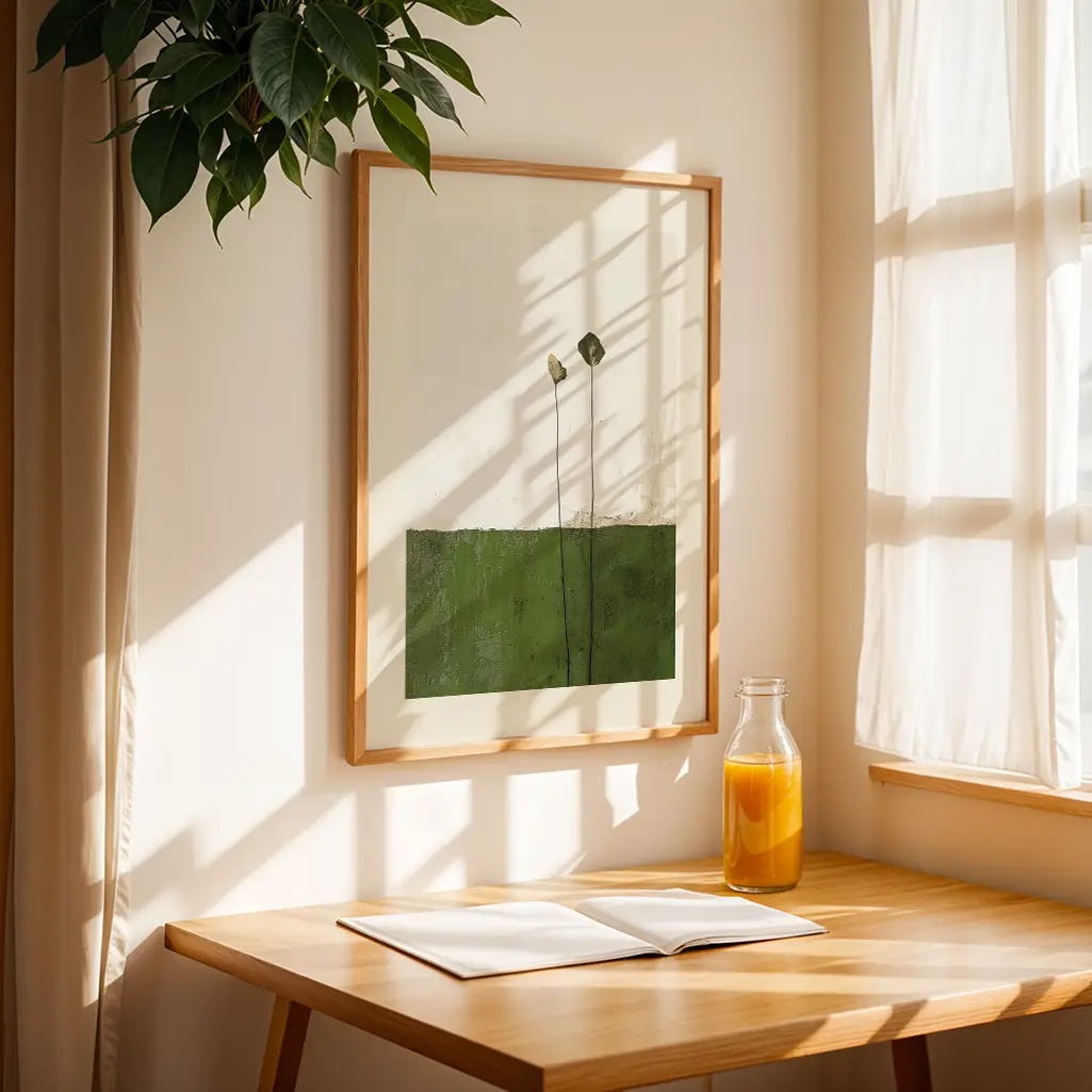 Framed botanical print hanging on a cream wall above a wooden table with a book and juice. Sun shines through a window.