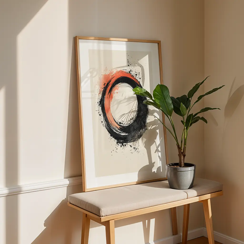 Framed 'Crimson Vortex Ensō' print leaning against a wall above a light bench with a potted plant beside it.