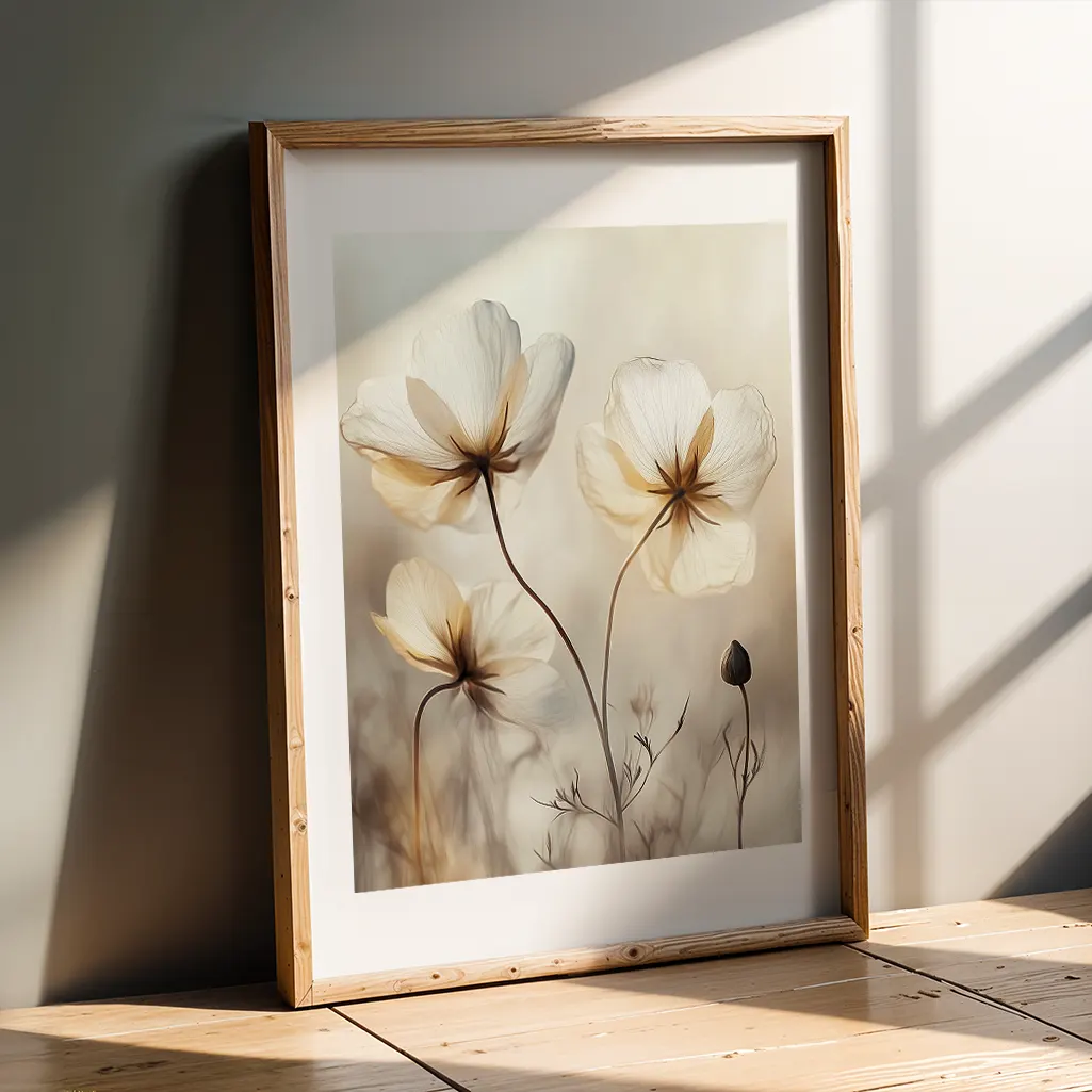 Framed botanical print leaning against a light gray wall on a rustic wooden floor, with sunlight casting shadows.