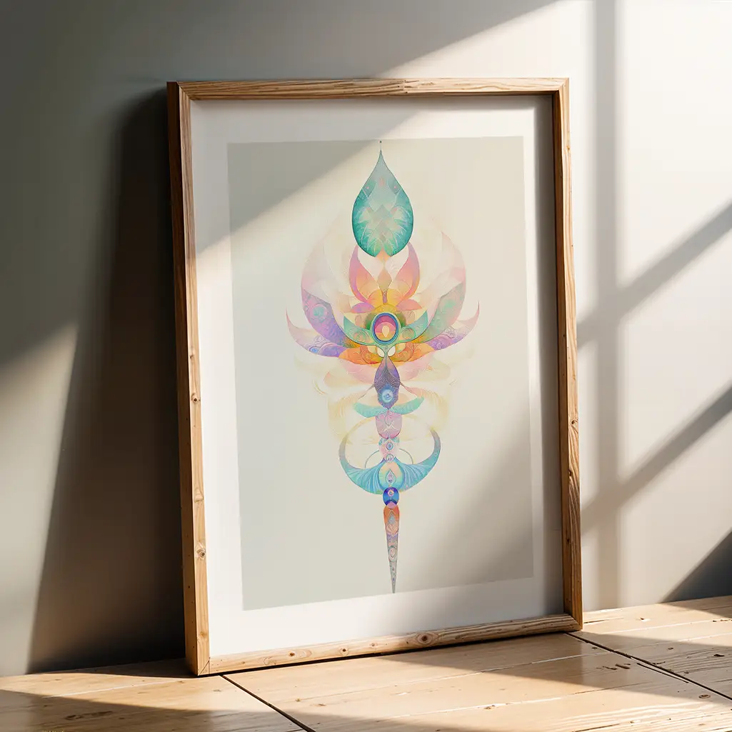 Framed abstract lotus print leaning against a grey wall and wooden floor, sunlit.